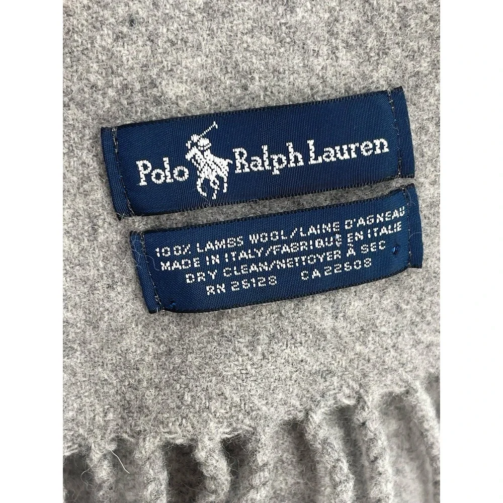 Polo Ralph Lauren Gray 100% Lambswool Fringe Scarf Italy Pony Logo
